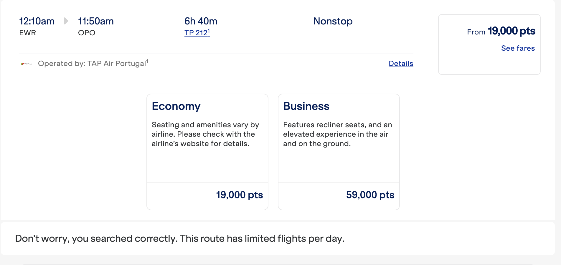EWR-OPO Award Availability on JetBlue for TAP Portugal